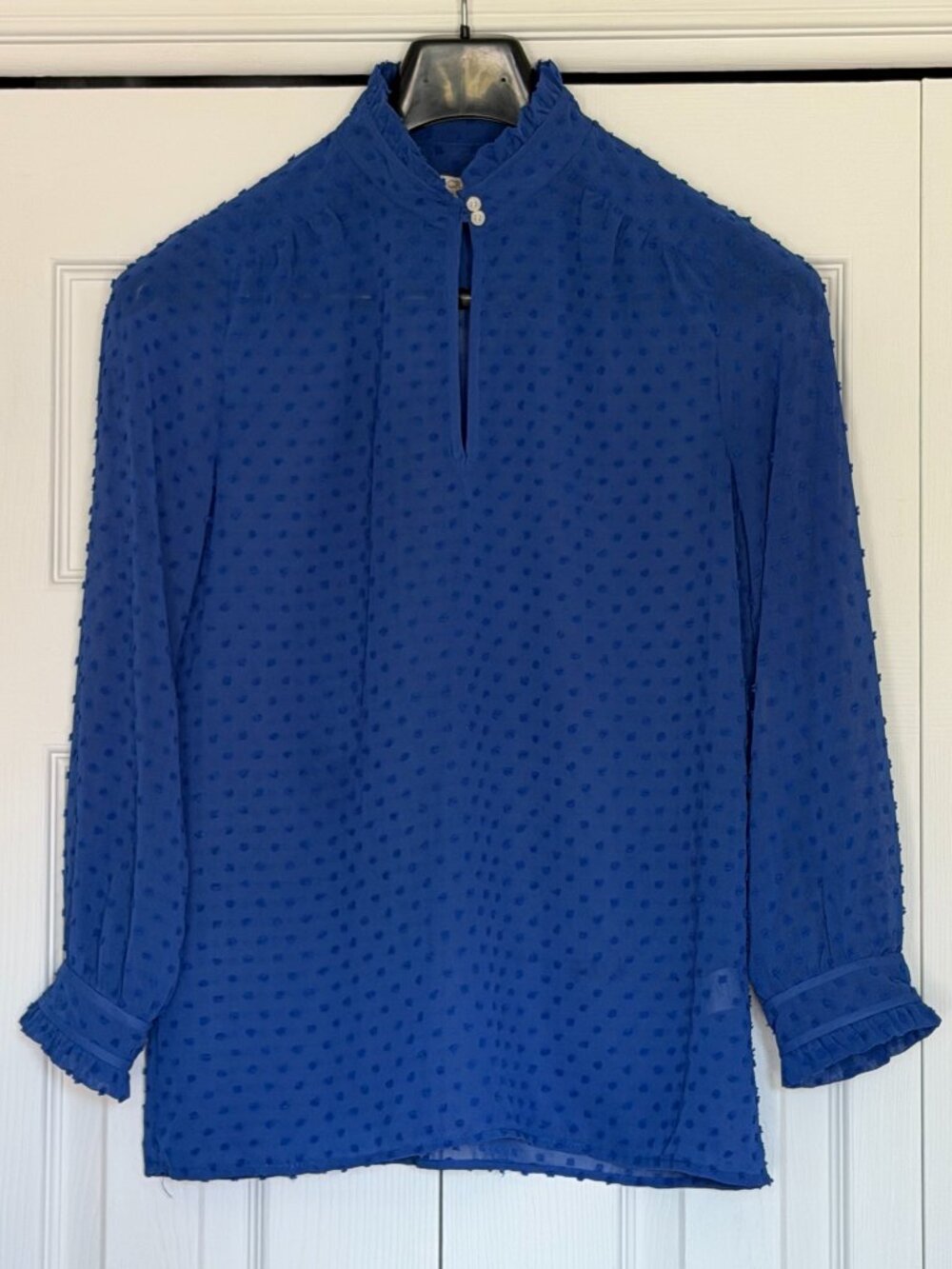 J.Crew Cobalt Blue Swiss Dot Blouse with High Neck